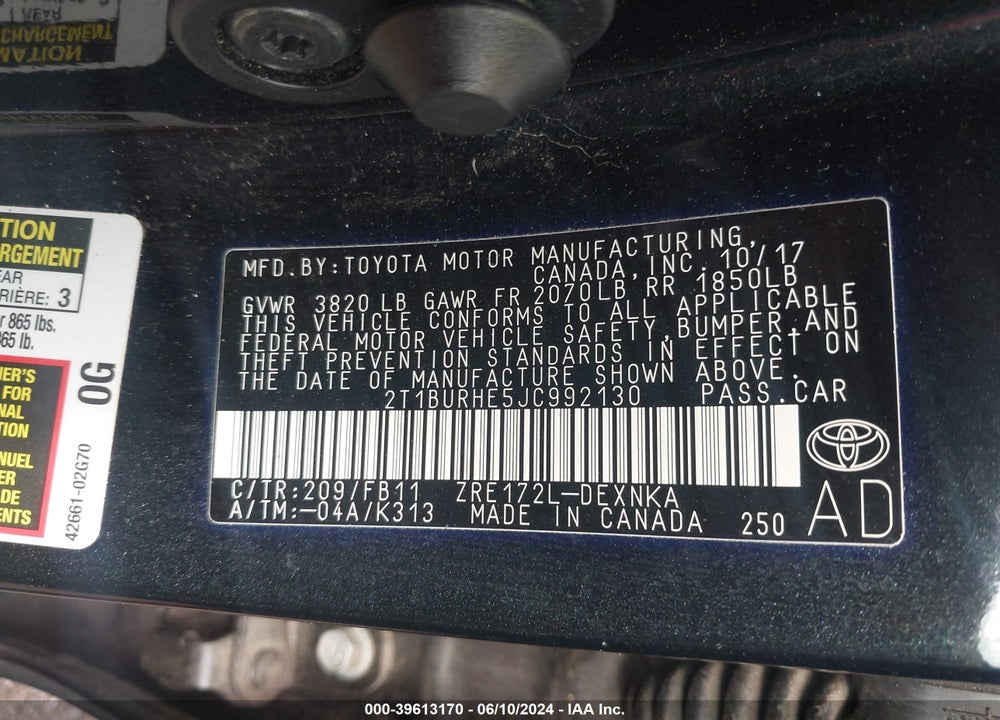 2018 TOYOTA COROLLA LE VIN: 2T1BURHE5JC992130