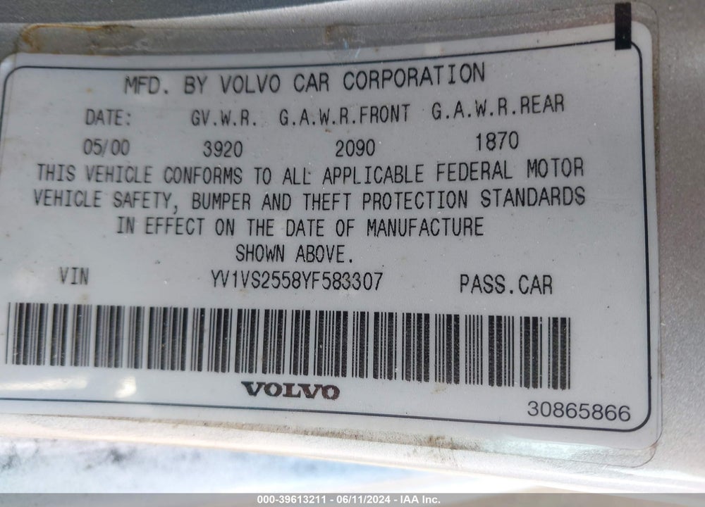 2000 VOLVO S40 A/AS VIN: YV1VS2558YF583307