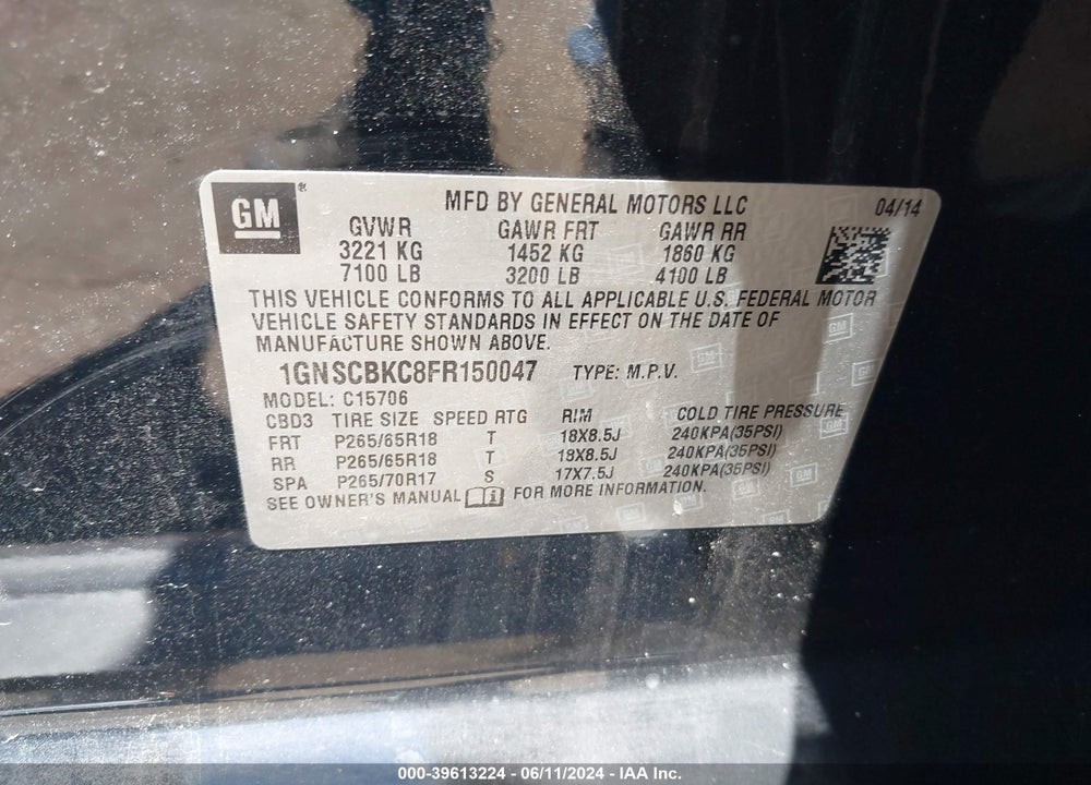 2015 CHEVROLET TAHOE LT VIN: 1GNSCBKC8FR150047