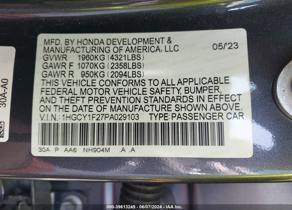 2023 HONDA ACCORD LX VIN: 1HGCY1F27PA029103