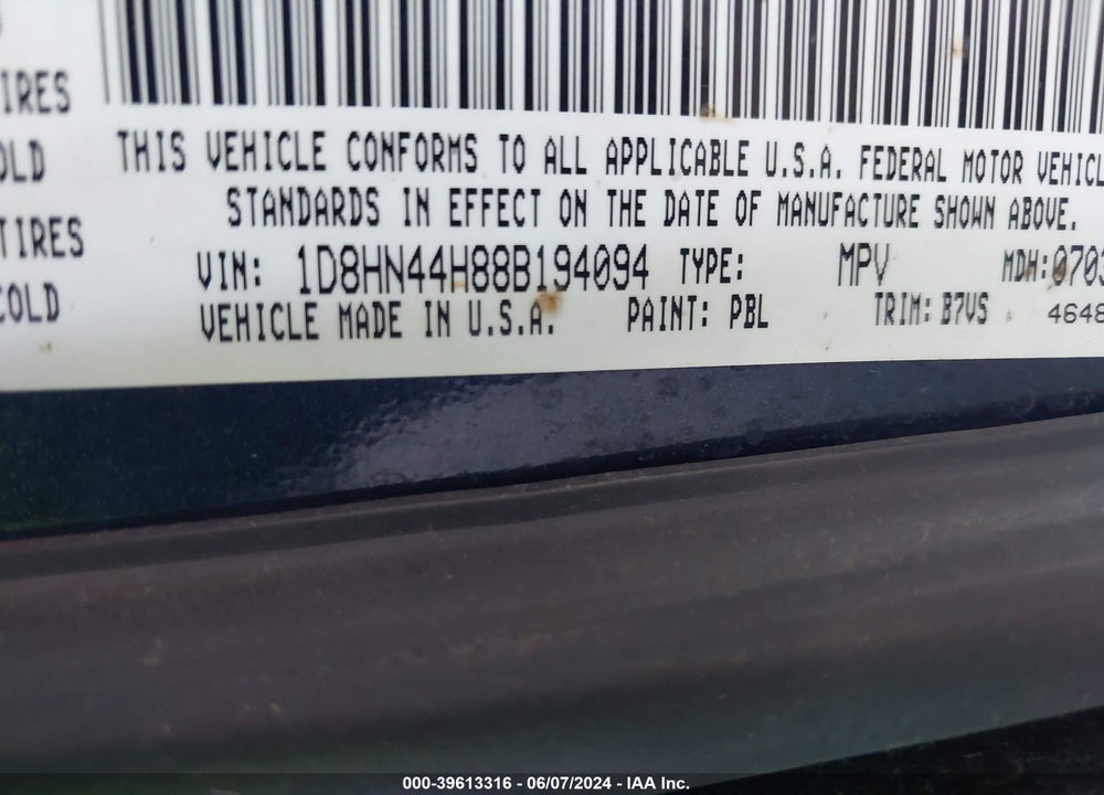 2008 DODGE GRAND CARAVAN VIN: 1D8HN44H88B194094