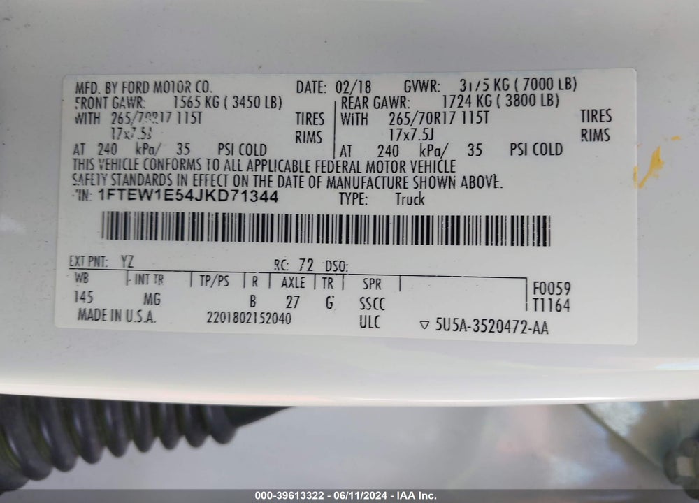 2018 FORD F-150 XLT VIN: 1FTEW1E54JKD71344