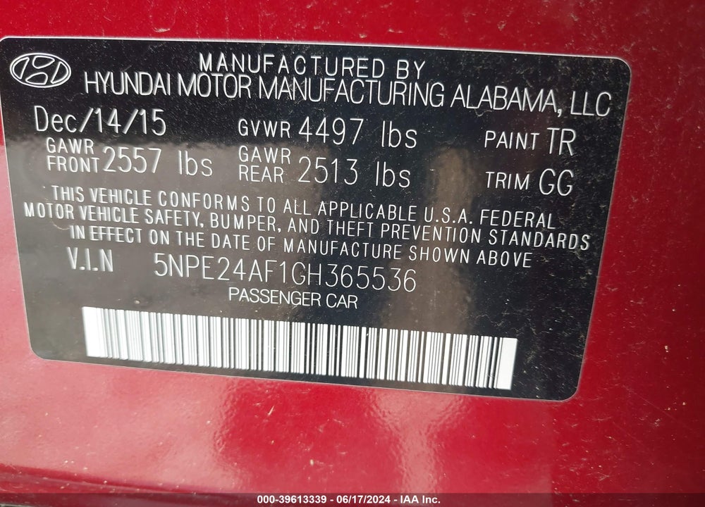 2016 HYUNDAI SONATA SE VIN: 5NPE24AF1GH365536