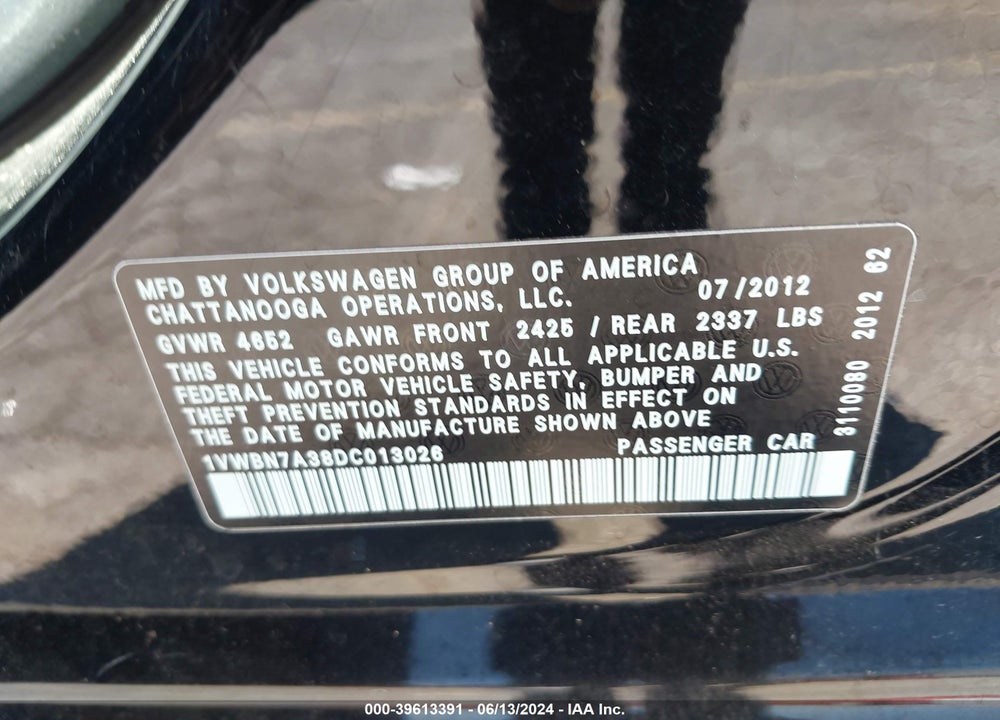 2013 VOLKSWAGEN PASSAT VIN: 1VWBN7A38DC013026