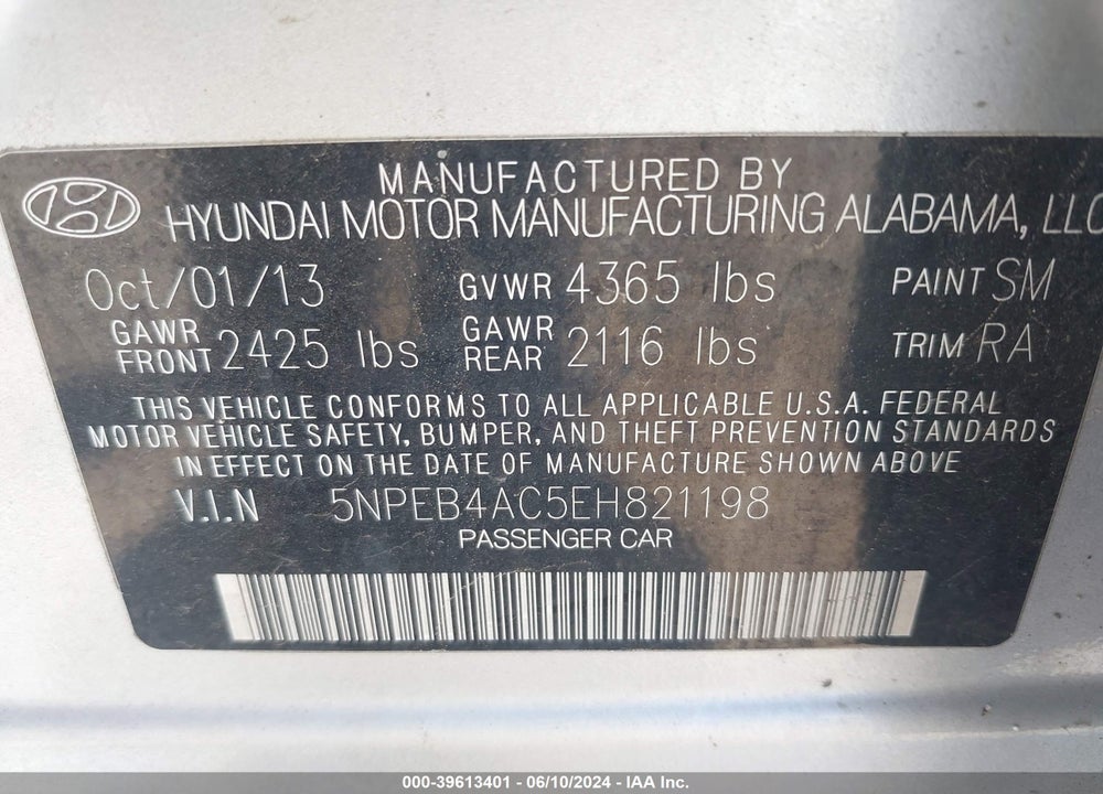 2014 HYUNDAI SONATA GLS VIN: 5NPEB4AC5EH821198