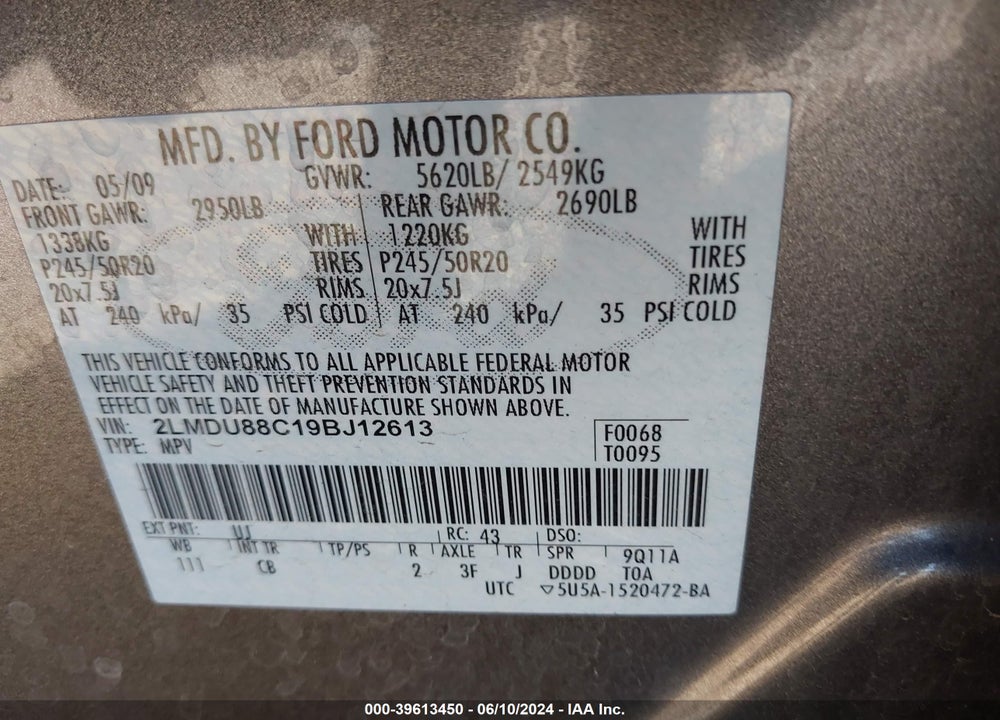 2009 LINCOLN MKX VIN: 2LMDU88C19BJ12613
