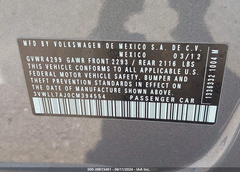 2012 VOLKSWAGEN JETTA 2.0L TDI VIN: 3VWLL7AJ0CM394554