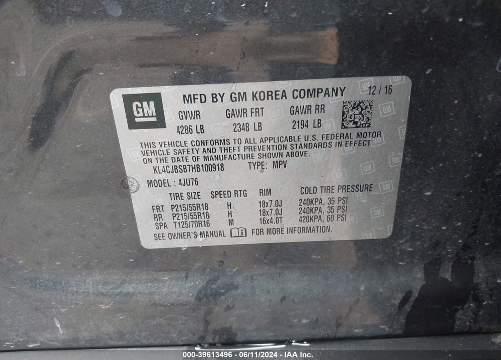 2017 BUICK ENCORE PREFERRED II VIN: KL4CJBSB7HB100918