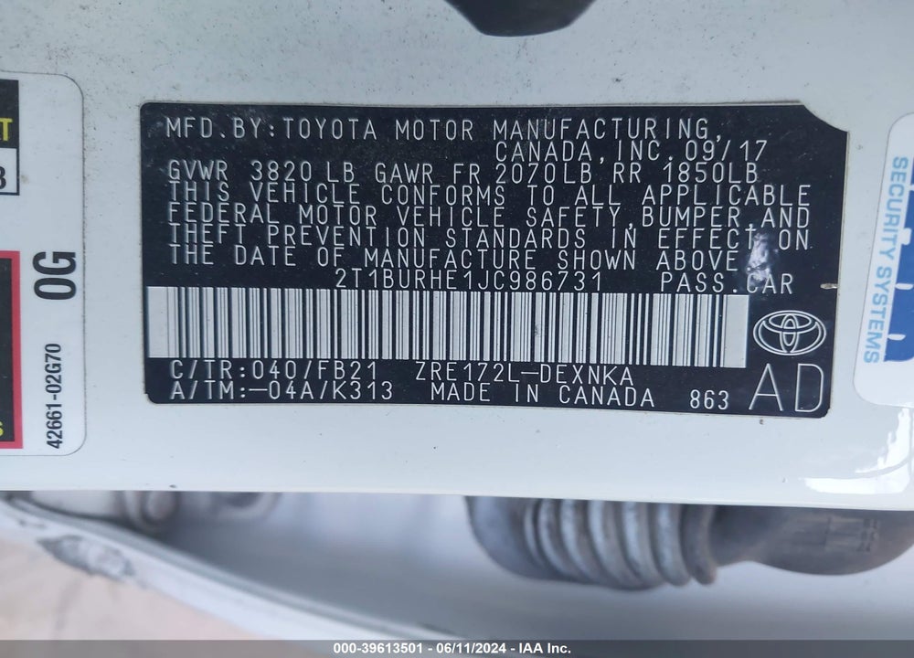 2018 TOYOTA COROLLA LE VIN: 2T1BURHE1JC986731