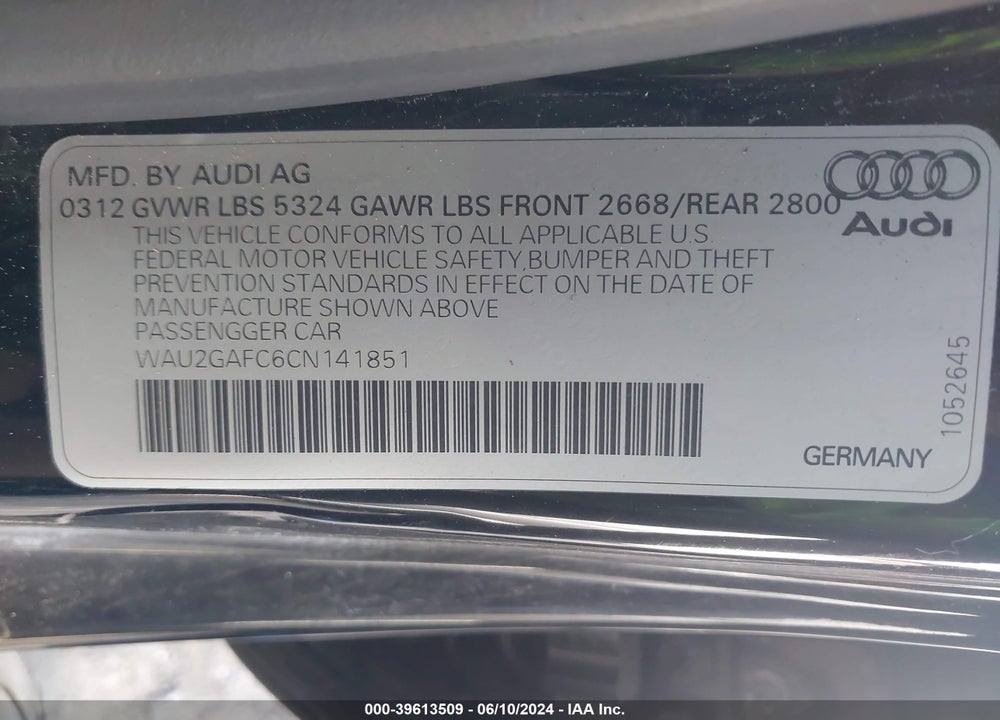 2012 AUDI A7 PREMIUM VIN: WAU2GAFC6CN141851