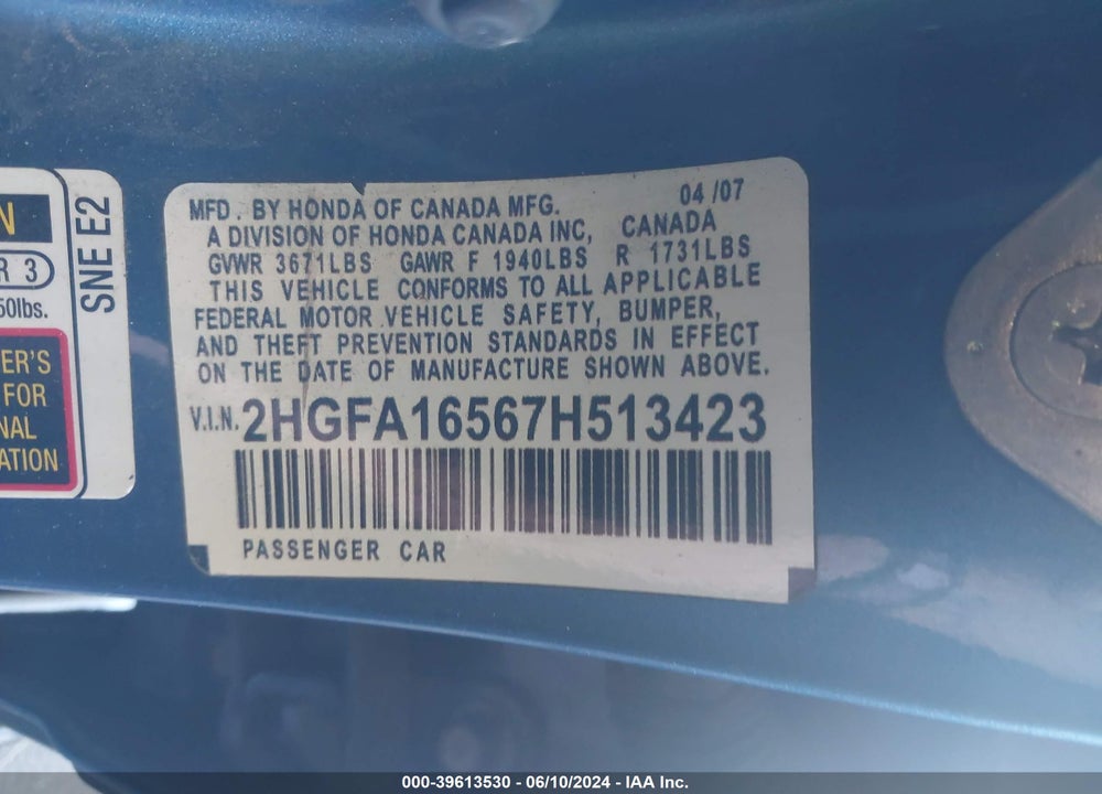 2007 HONDA CIVIC LX VIN: 2HGFA16567H513423