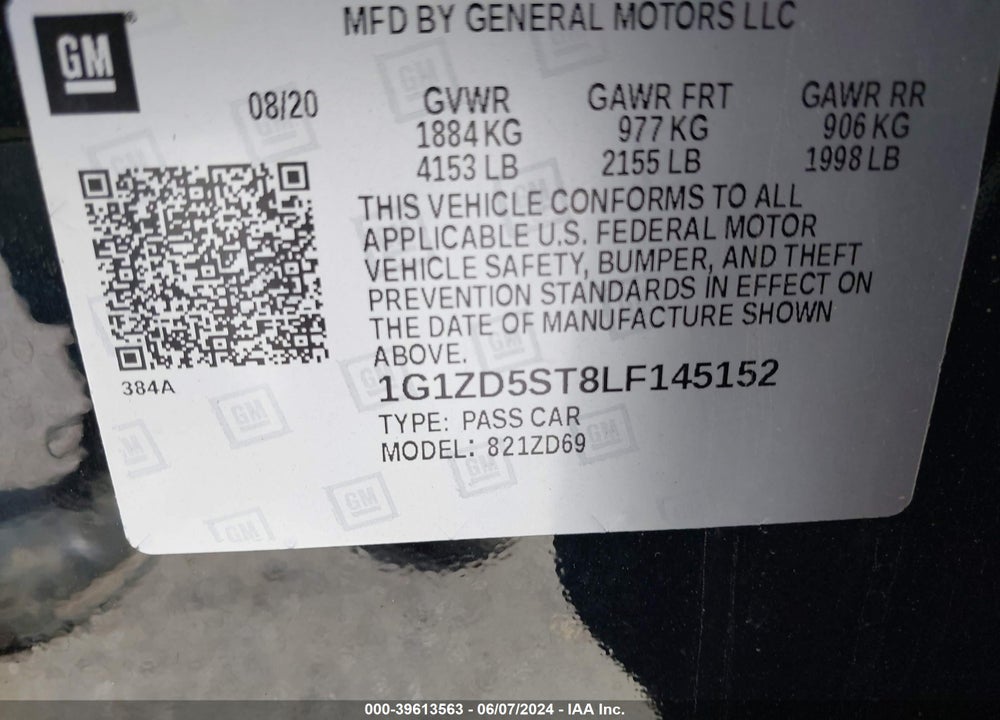 2020 CHEVROLET MALIBU FWD LT VIN: 1G1ZD5ST8LF145152