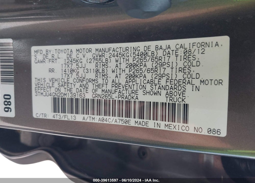 2013 TOYOTA TACOMA PRERUNNER V6 VIN: 3TMJU4GN2DM139163