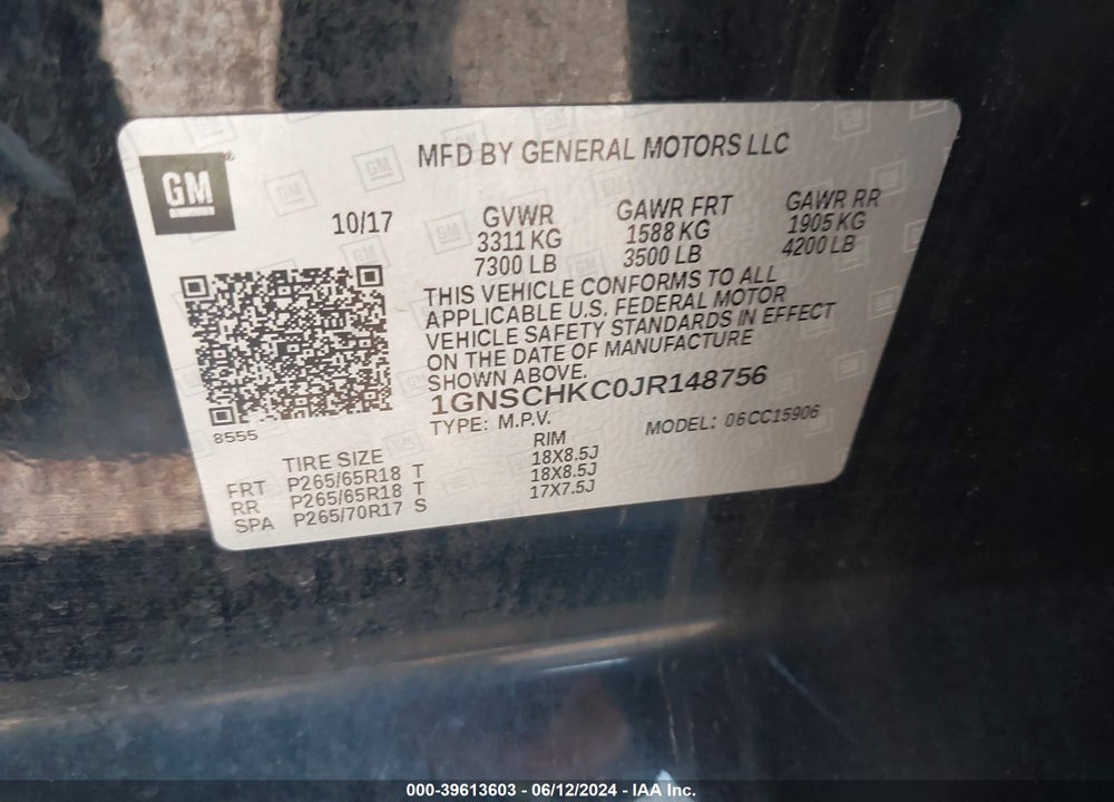 2018 CHEVROLET SUBURBAN LT VIN: 1GNSCHKC0JR148756