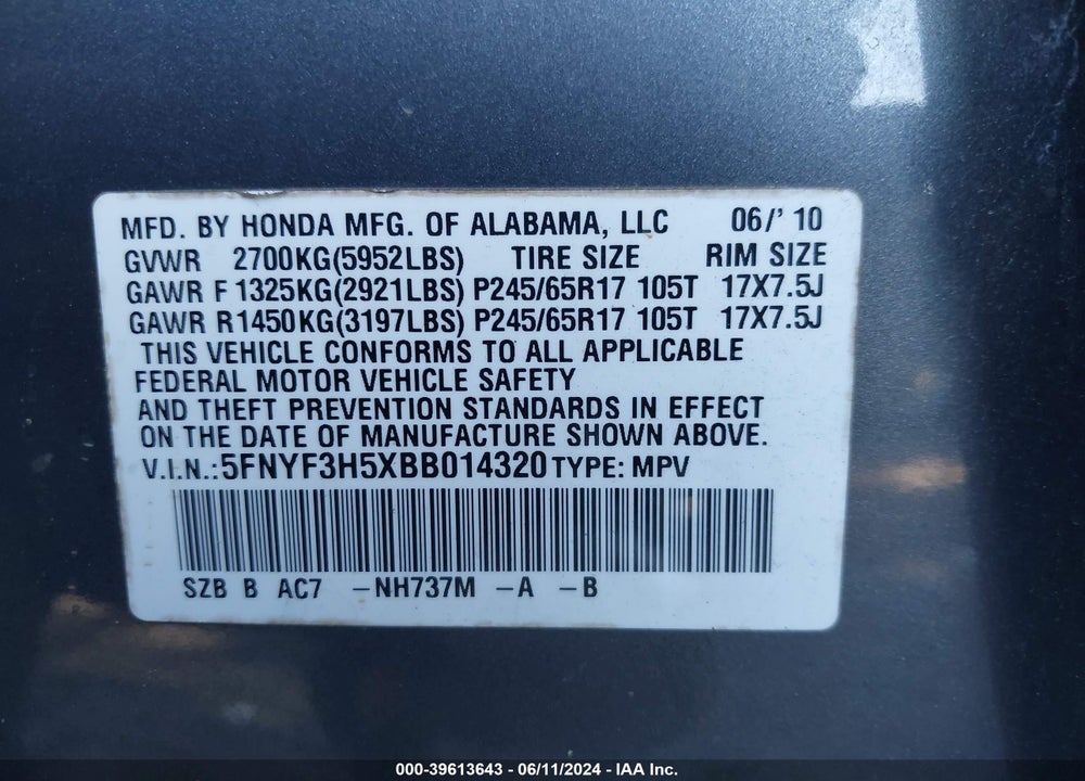 2011 HONDA PILOT EX-L VIN: 5FNYF3H5XBB014320