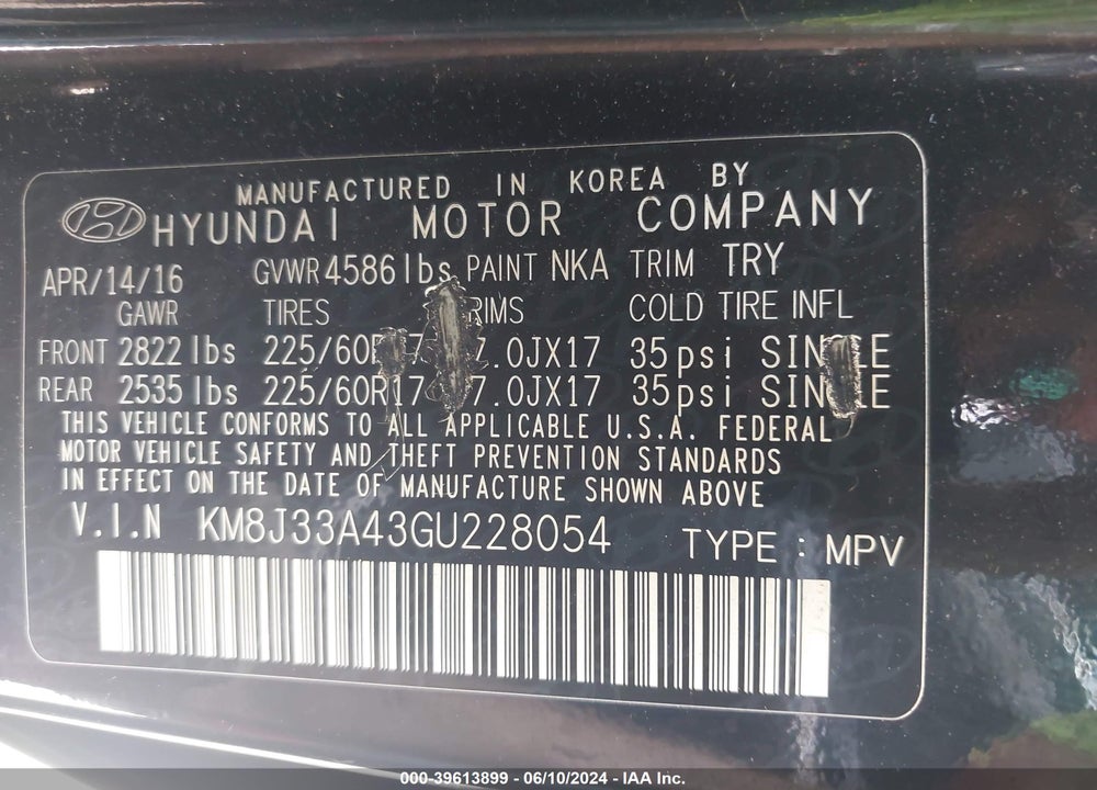 2016 HYUNDAI TUCSON SE VIN: KM8J33A43GU228054