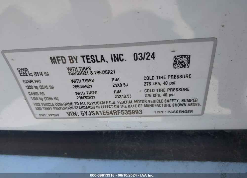 2024 TESLA MODEL S LONG RANGE VIN: 5YJSA1E54RF535993