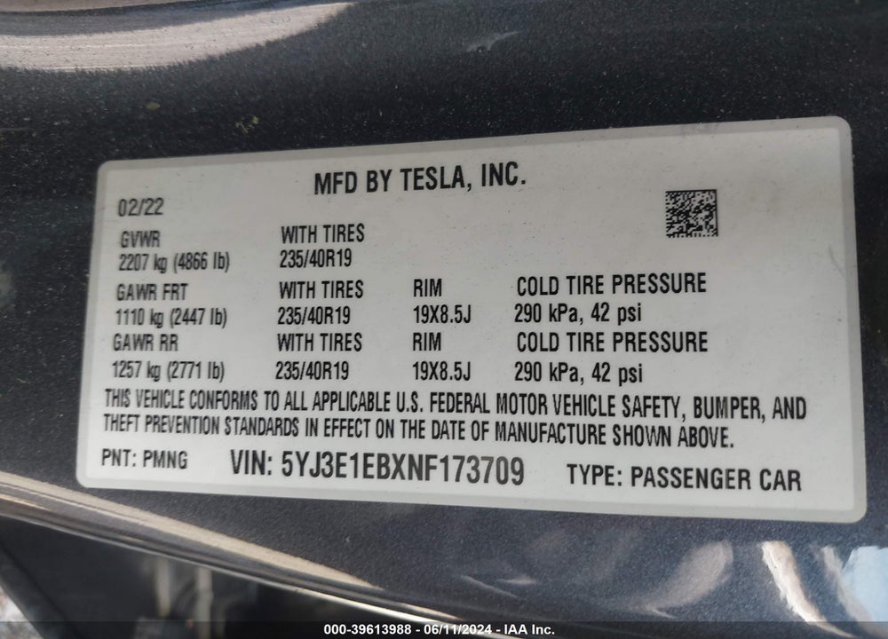 2022 TESLA MODEL 3 LONG RANGE DUAL MOTOR ALL-WHEEL DRIVE VIN: 5YJ3E1EBXNF173709