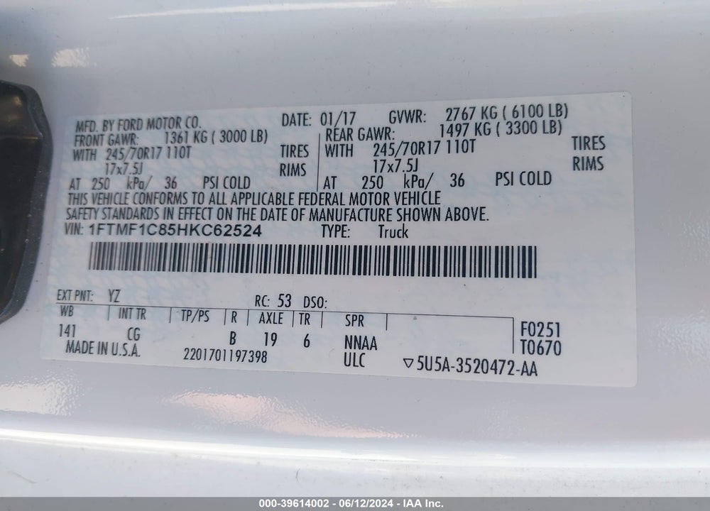 2017 FORD F-150 XL VIN: 1FTMF1C85HKC62524