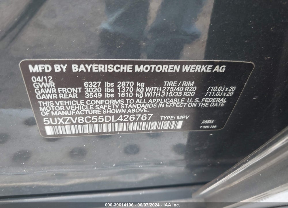 2013 BMW X5 XDRIVE50I VIN: 5UXZV8C55DL426767