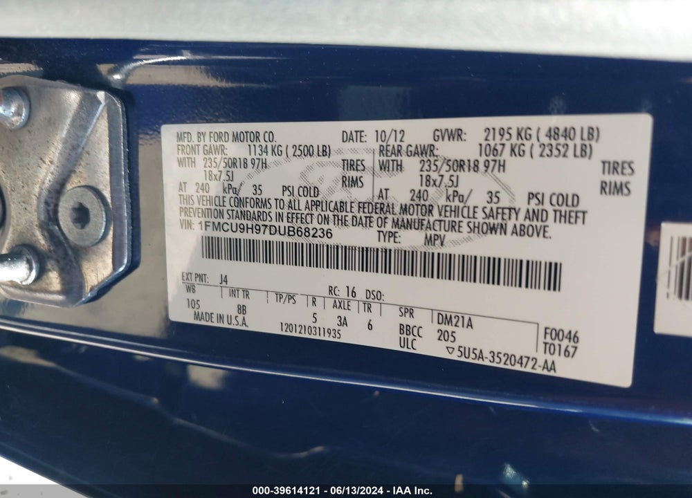 2013 FORD ESCAPE SEL VIN: 1FMCU9H97DUB68236