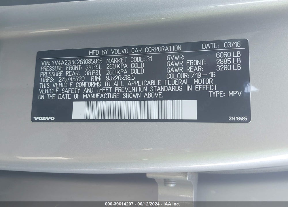 2016 VOLVO XC90 T6 MOMENTUM VIN: YV4A22PK2G1085815