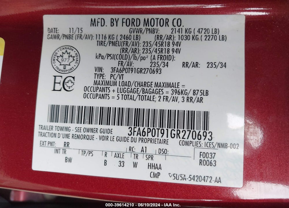 2016 FORD FUSION SE VIN: 3FA6P0T91GR270693