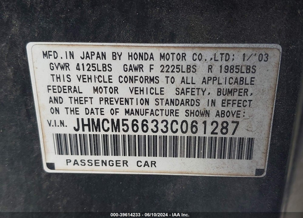 2003 HONDA ACCORD 2.4 EX VIN: JHMCM56633C061287