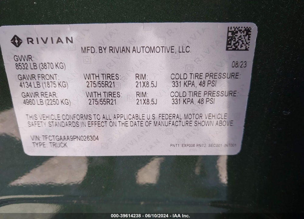 2023 RIVIAN R1T ADVENTURE QUAD-MOTOR LARGE PACK VIN: 7FCTGAAA9PN026304