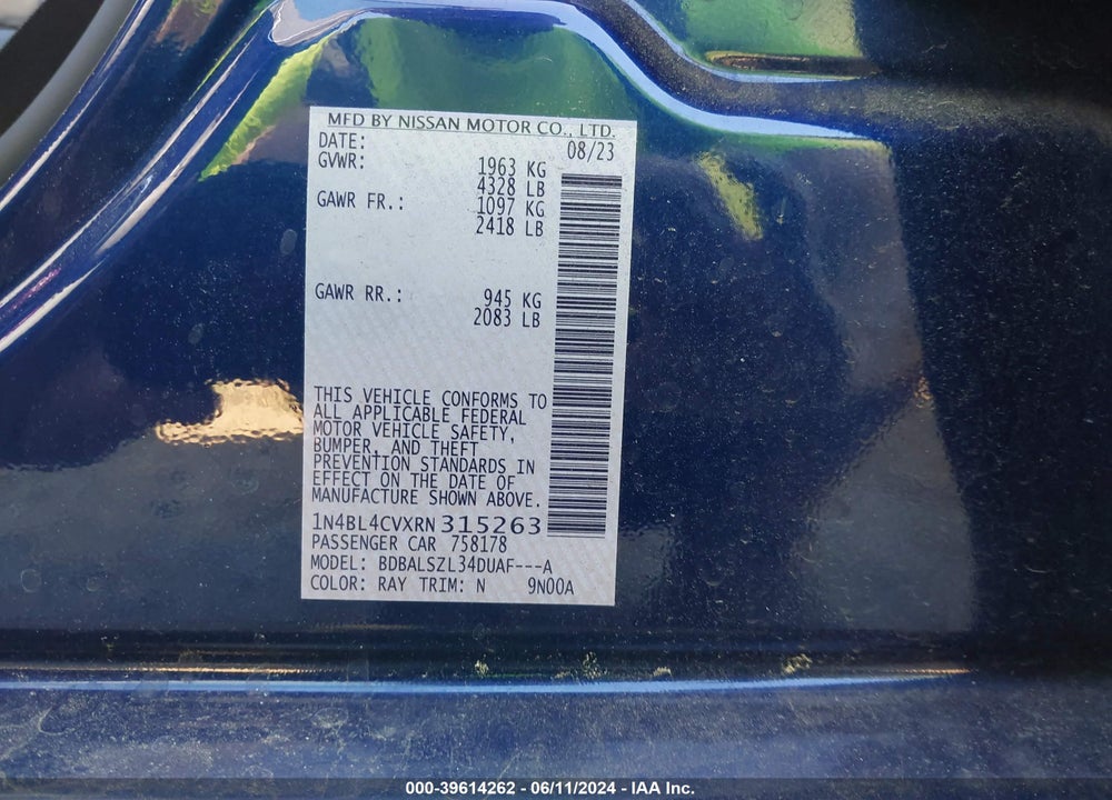 2024 NISSAN ALTIMA SR FWD VIN: 1N4BL4CVXRN315263