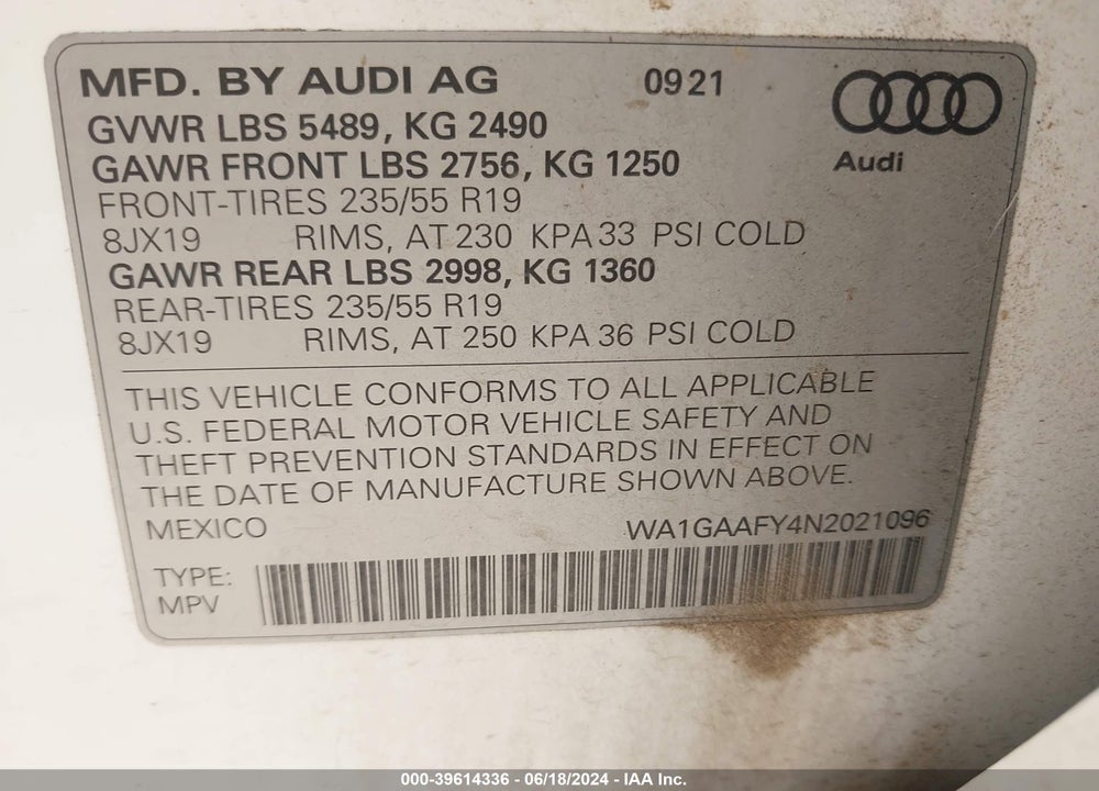 2022 AUDI Q5 PREMIUM 45 TFSI S LINE QUATTRO S TRONIC VIN: WA1GAAFY4N2021096
