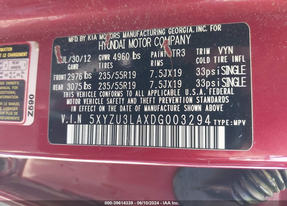 2013 HYUNDAI SANTA FE SPORT 2.0T VIN: 5XYZU3LAXDG003294