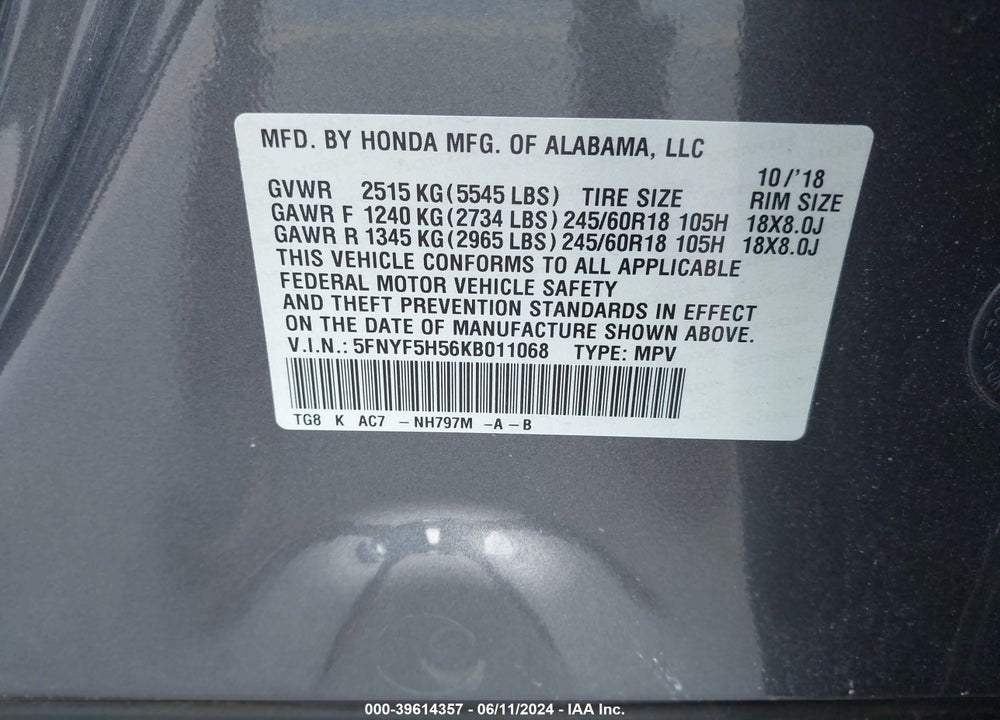 2019 HONDA PILOT EX-L VIN: 5FNYF5H56KB011068