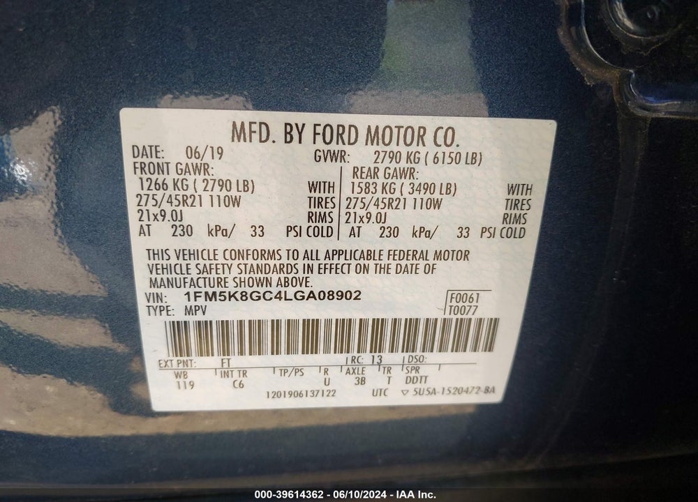 2020 FORD EXPLORER ST VIN: 1FM5K8GC4LGA08902
