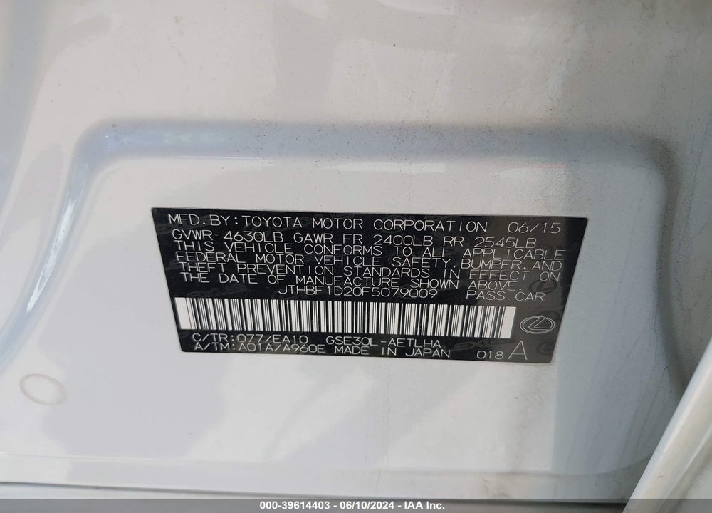 2015 LEXUS IS 250 VIN: JTHBF1D20F5079009