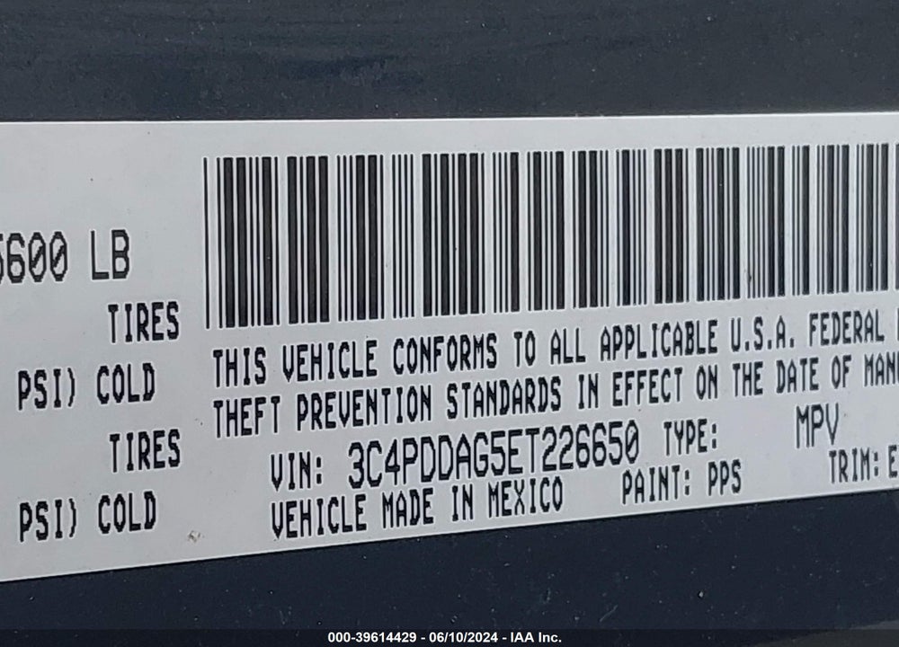 2014 DODGE JOURNEY VIN: 3C4PDDAG5ET226650