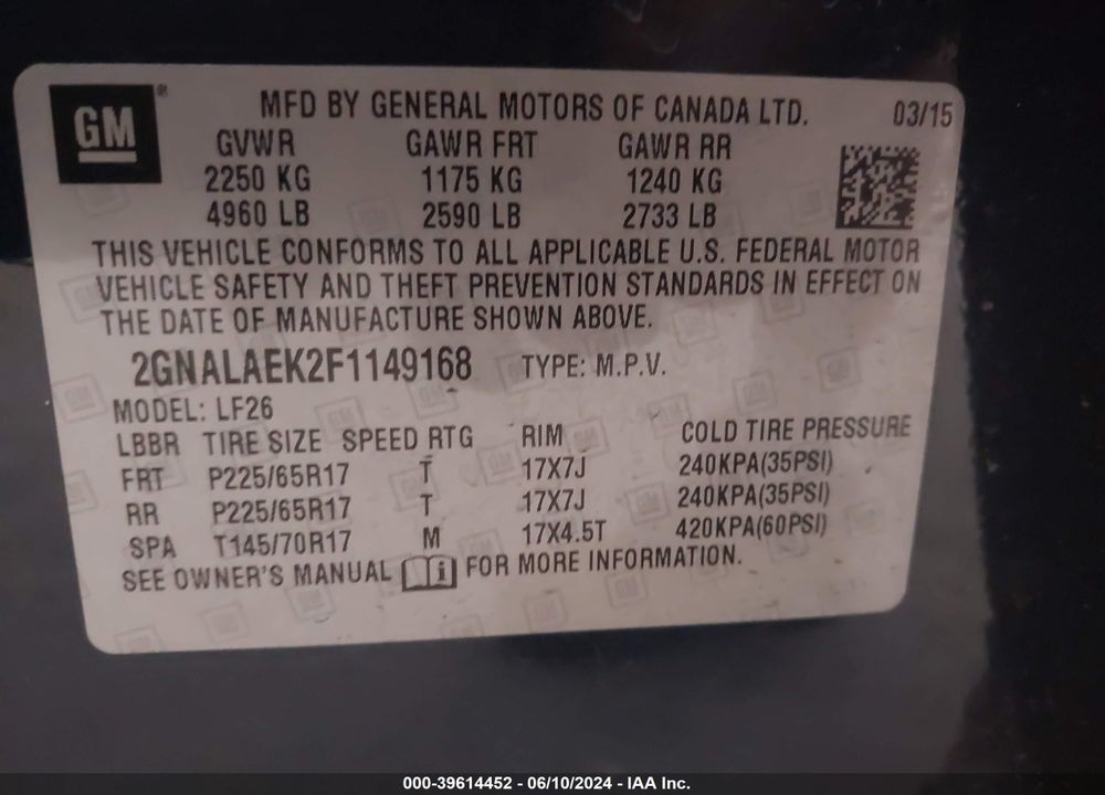 2015 CHEVROLET EQUINOX LS VIN: 2GNALAEK2F1149168