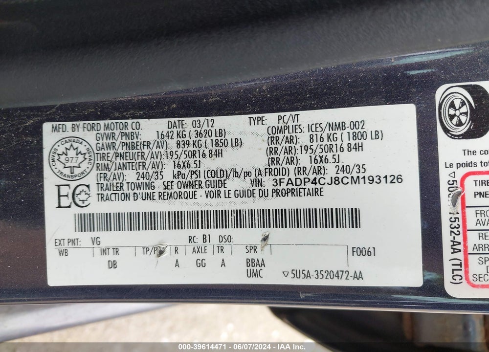 2012 FORD FIESTA SEL VIN: 3FADP4CJ8CM193126