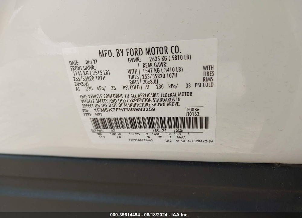 2021 FORD EXPLORER LIMITED VIN: 1FMSK7FH7MGB93359