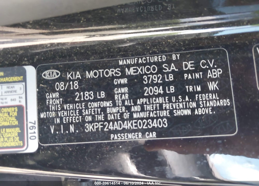 2019 KIA FORTE LXS VIN: 3KPF24AD4KE023403