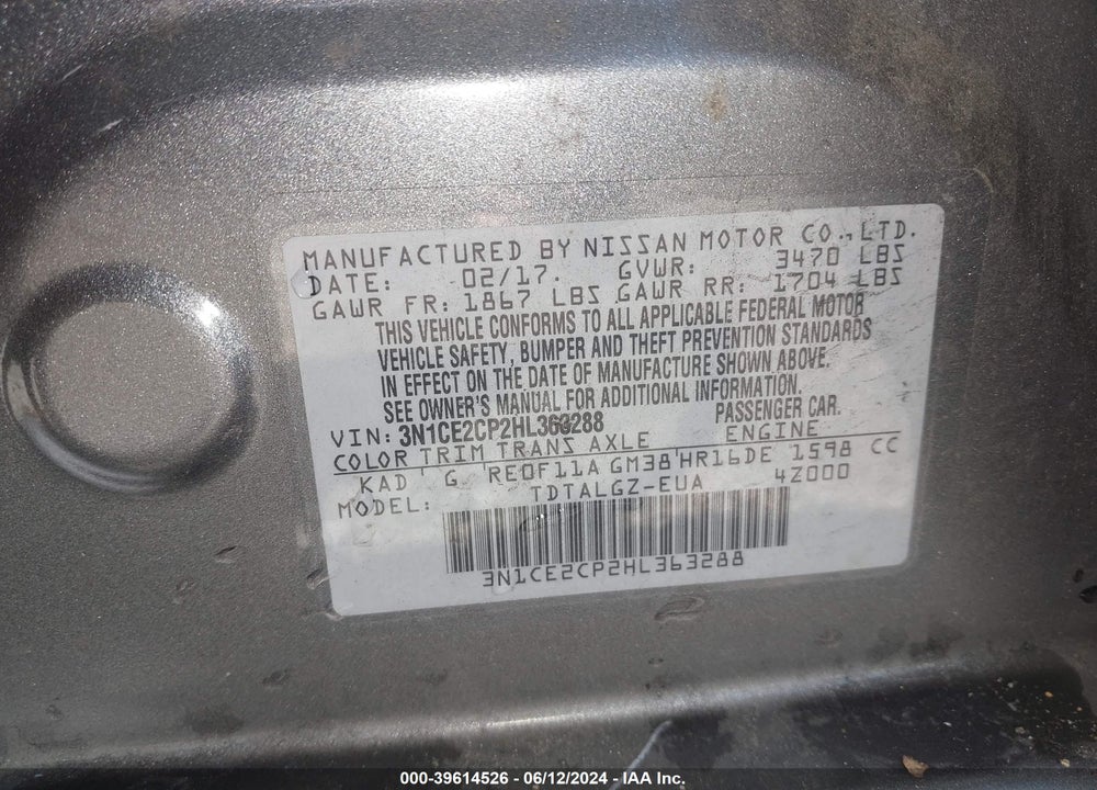 2017 NISSAN VERSA NOTE SR VIN: 3N1CE2CP2HL363288