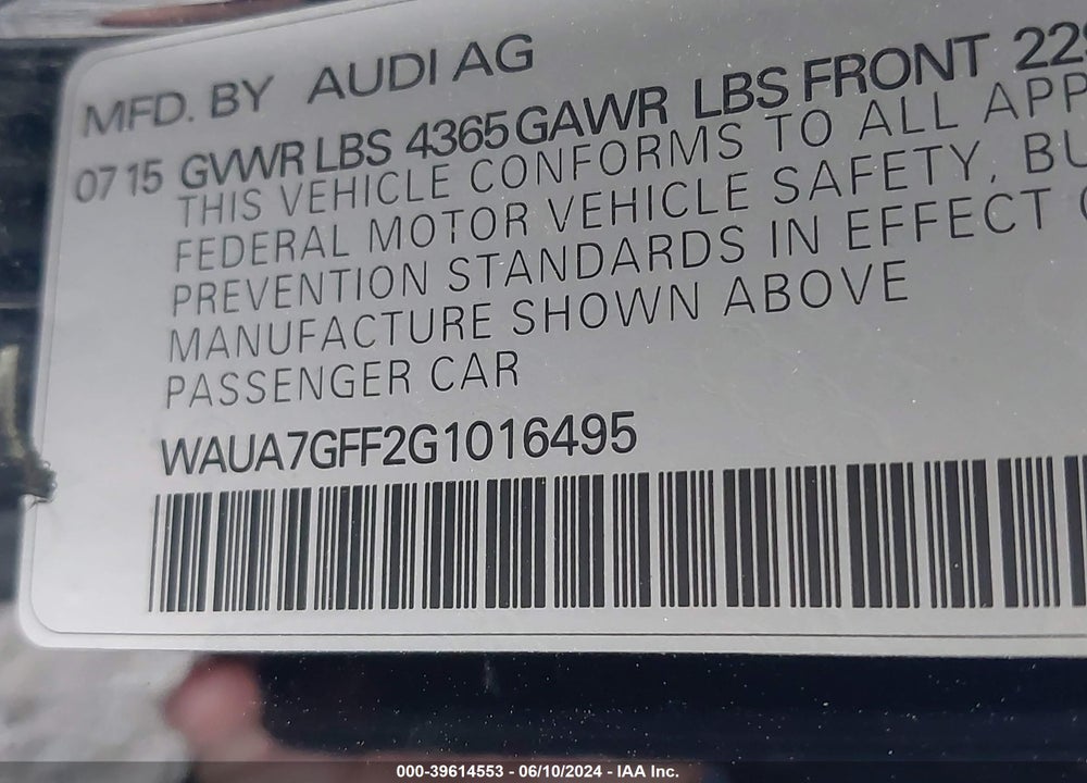 2016 AUDI A3 1.8T PREMIUM VIN: WAUA7GFF2G1016495