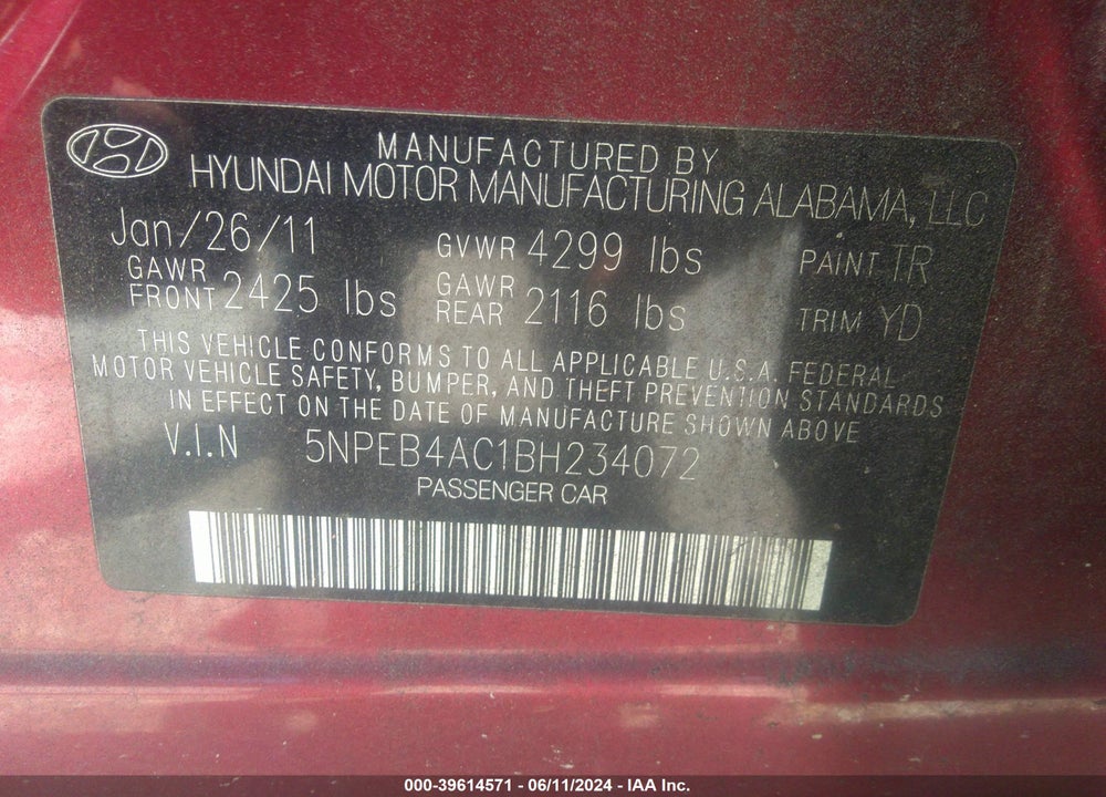 2011 HYUNDAI SONATA GLS VIN: 5NPEB4AC1BH234072