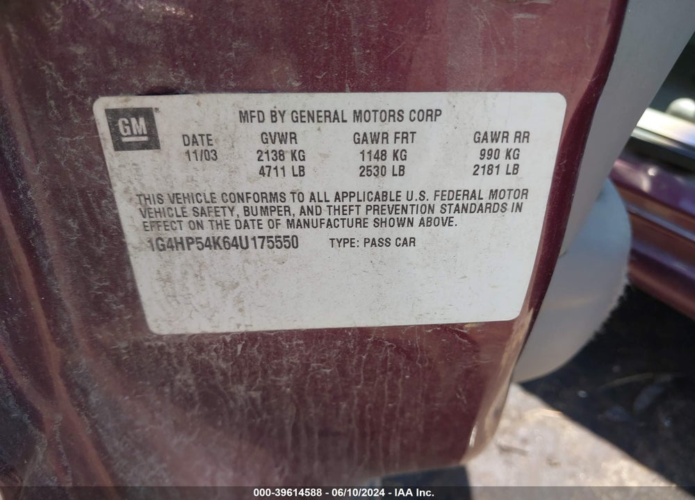 2004 BUICK LESABRE CUSTOM VIN: 1G4HP54K64U175550