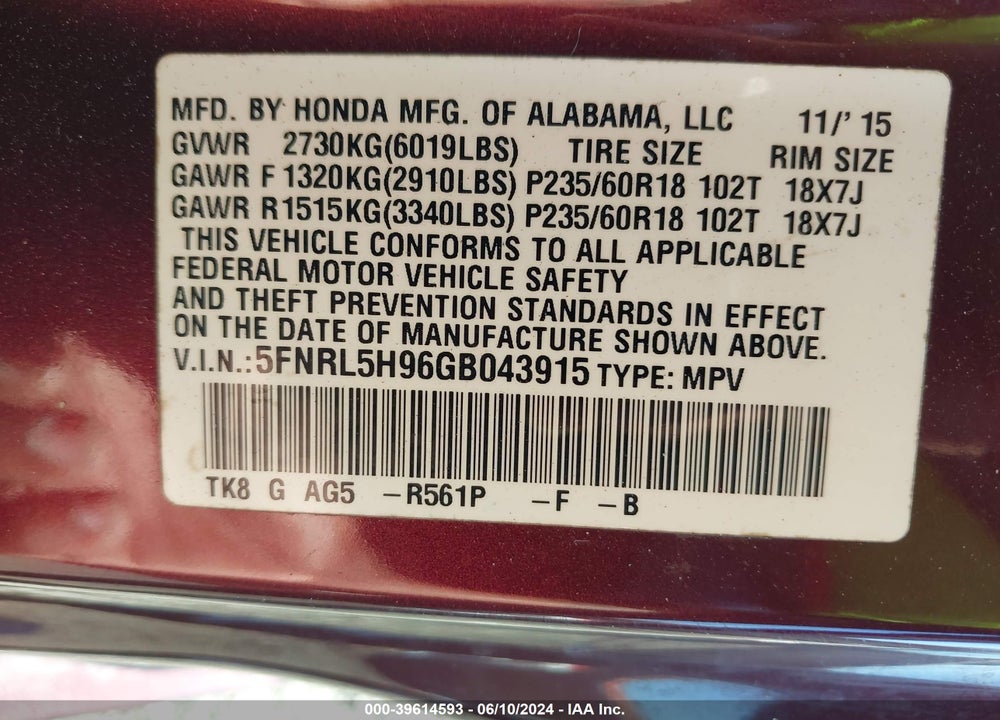 2016 HONDA ODYSSEY TOURING/TOURING ELITE VIN: 5FNRL5H96GB043915