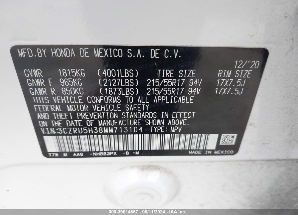 2021 HONDA HR-V 2WD LX VIN: 3CZRU5H38MM713104