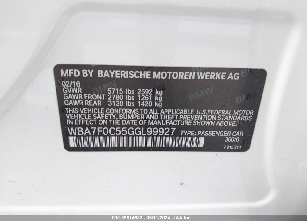 2016 BMW 750I VIN: WBA7F0C55GGL99927