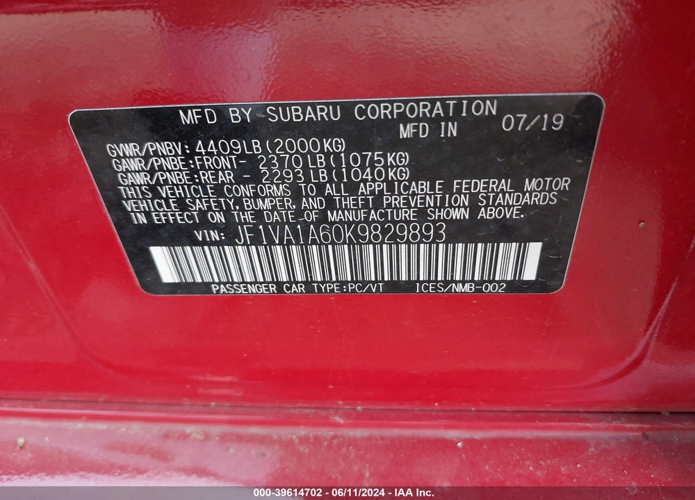 2019 SUBARU WRX VIN: JF1VA1A60K9829893