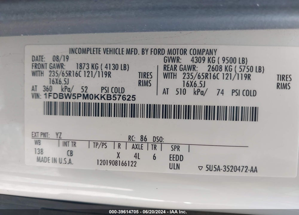 2019 FORD TRANSIT-350 CUTAWAY VIN: 1FDBW5PM0KKB57625