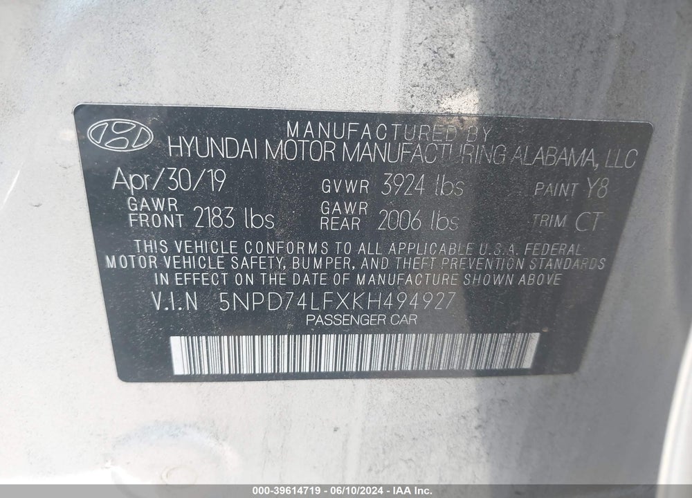 2019 HYUNDAI ELANTRA SE VIN: 5NPD74LFXKH494927